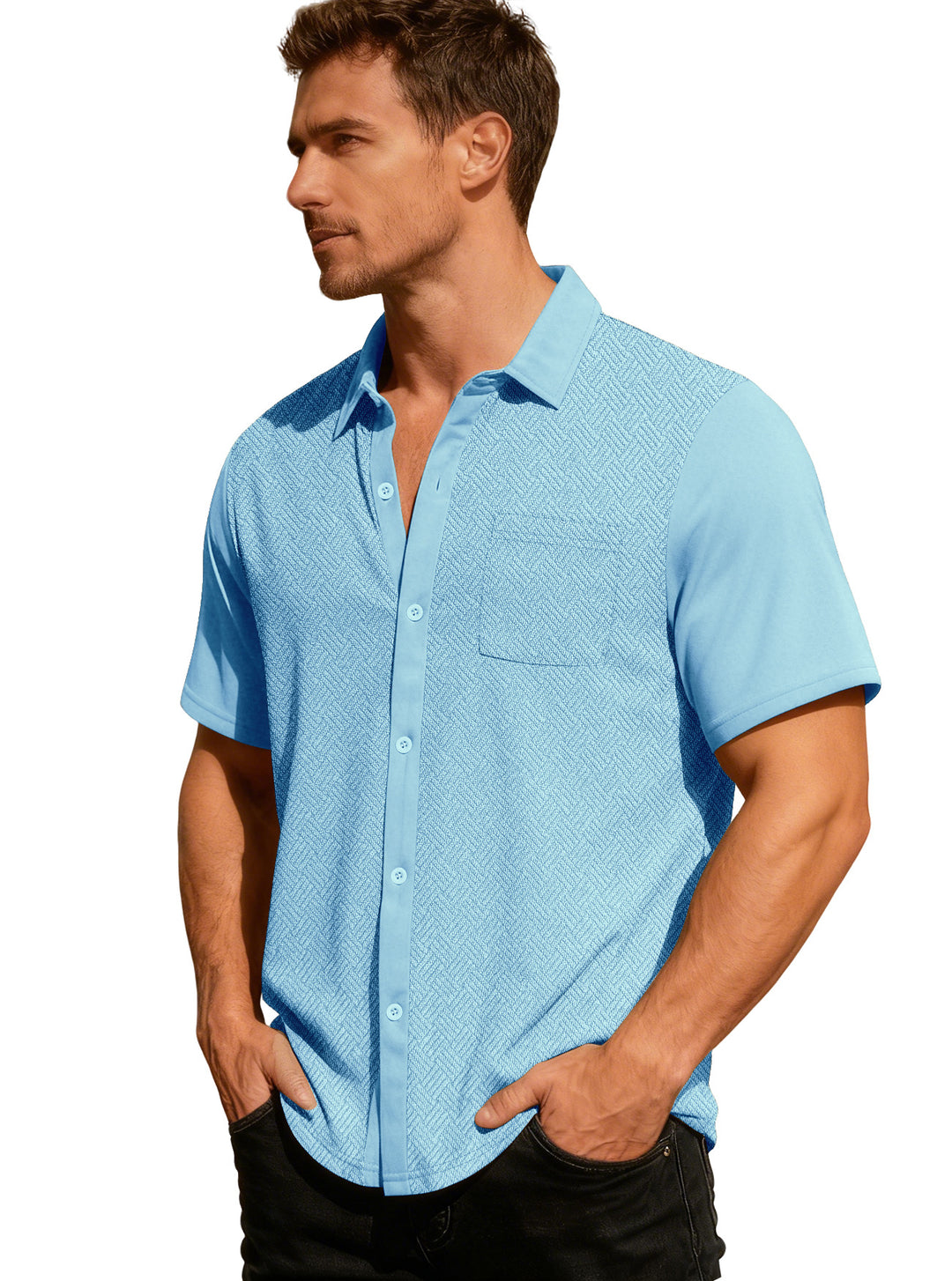 Men's leisure short sleeve shirt with jacquard texture, contrasted button placket and chest pocket StylebySassy