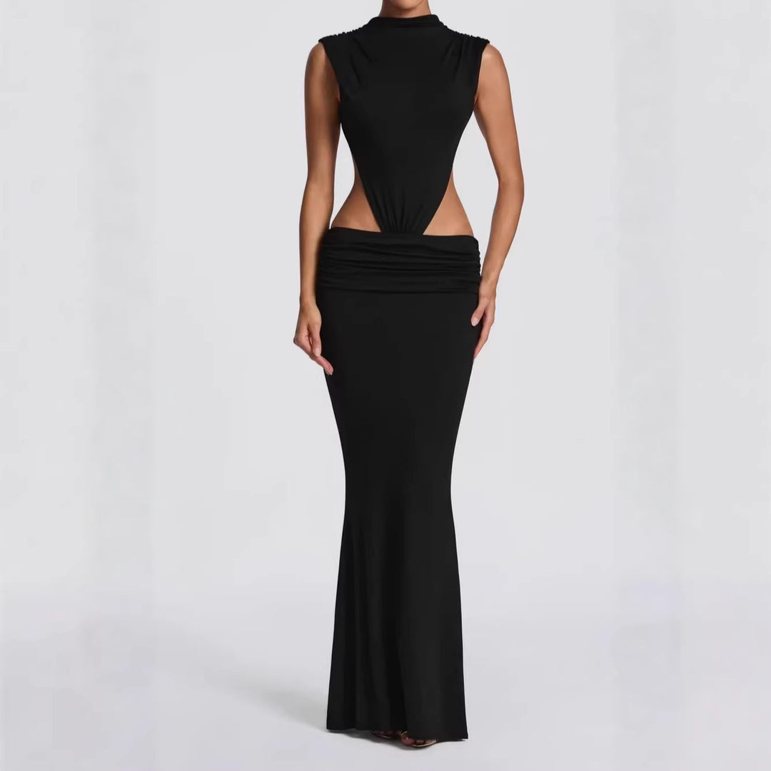 Women's Long Maxi Dress with Stylish Cut-Outs and Ruching