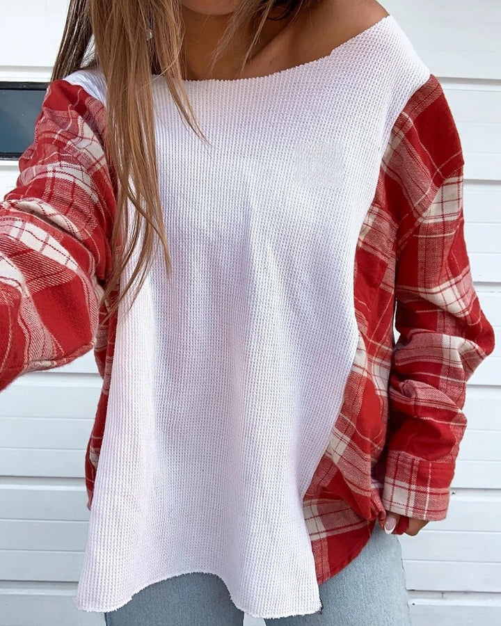 Women's oversized long-sleeve shirt in mixed material with textured waffle knit front and checkered sleeve section StylebySassy