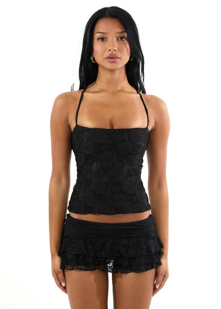 Ladies Spaghetti Strap Crop Top with Lace Pattern StylebySassy