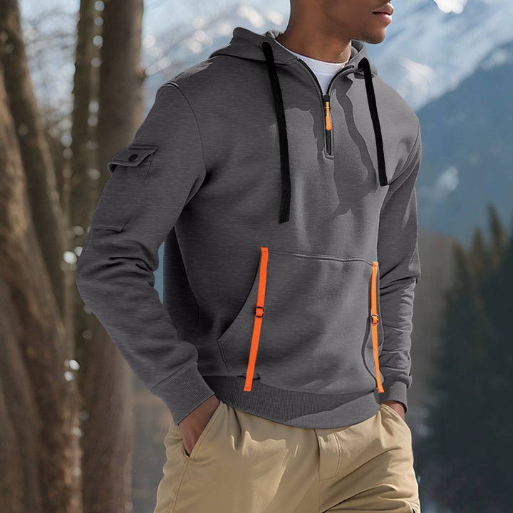Men's Nano Urban Tech Hooded Half-Zip Pullover with Utility Arm Pocket, Kangaroo Pocket, and Adjustable Zipper Tapes StylebySassy