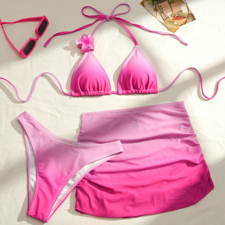 Women Triangle Bikini Set with Floral Detail and Wrap Skirt StylebySassy