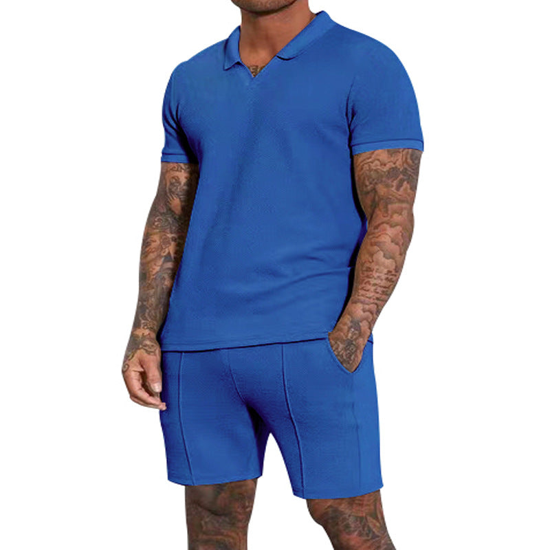 Men's short-sleeved half-collar knit set with fine waffle structure and straight-cut shorts StylebySassy