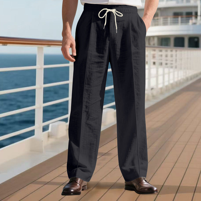 Men's light linen pleated trousers with elastic waistband and drawstring StylebySassy