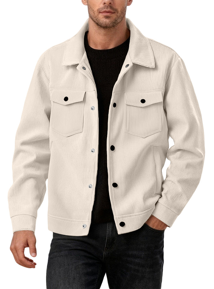 Men's cord jacket in the classic work jacket style with snap buttons and chest pockets StylebySassy