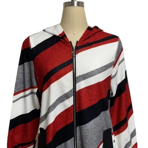 Women's longline hoodie jacket with diagonal stripe pattern, ring zipper and side pockets StylebySassy