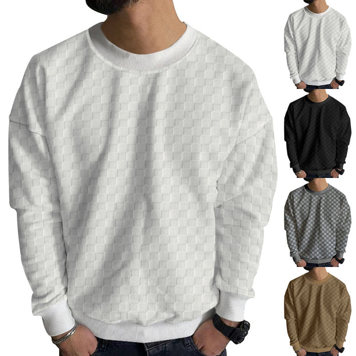 Men's finely structured round neck sweater with check relief and ribbed cuffs StylebySassy