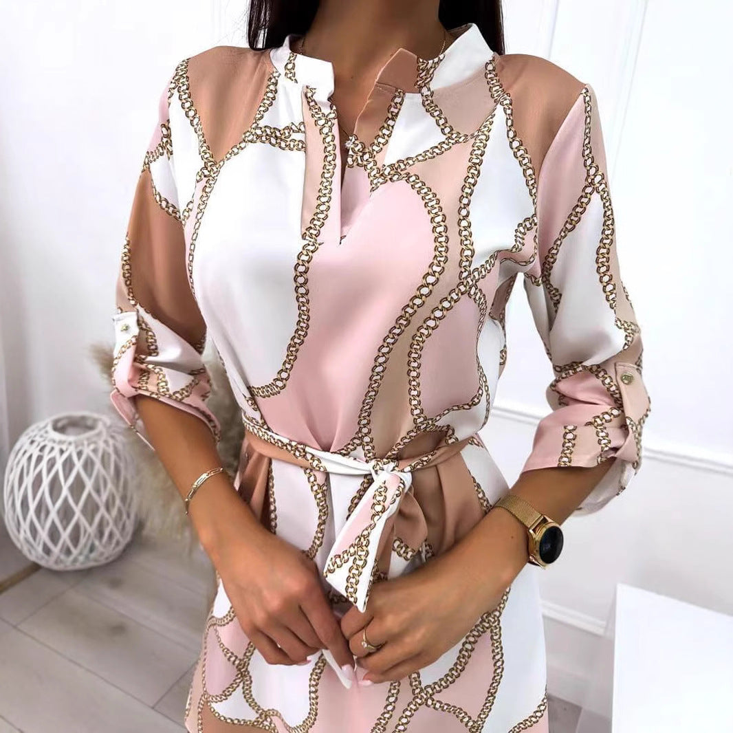 Women's relaxed fall shirt dress with chain print, detachable waist belt and roll-up three-quarter sleeves StylebySassy