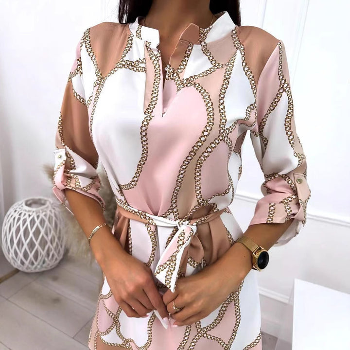 Women's relaxed fall shirt dress with chain print, detachable waist belt and roll-up three-quarter sleeves StylebySassy