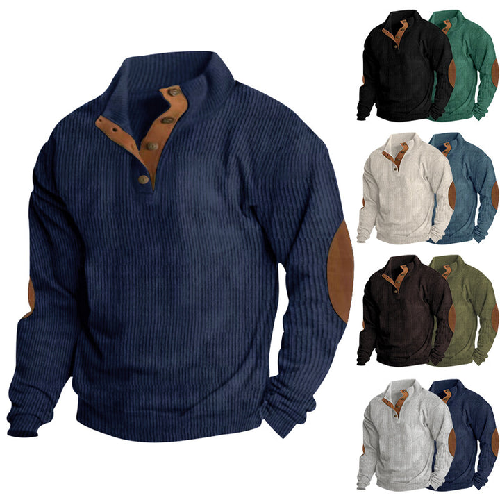 Men's knitted cotton blend sweater with stand-up collar, button placket, and leather-look elbow patches StylebySassy