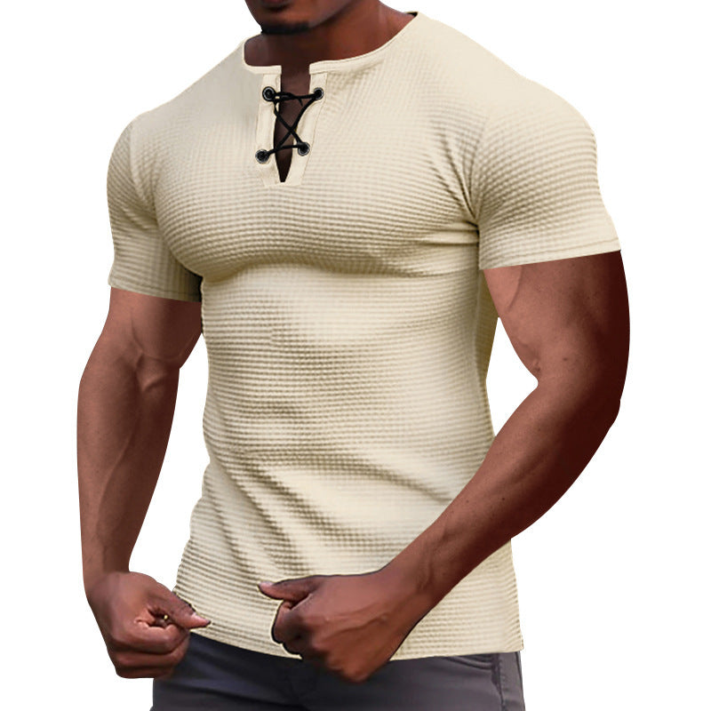 Men's short-sleeve shirt with lace collar, metal eyelets, and fine structured jersey StylebySassy