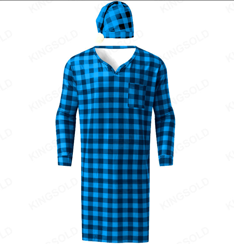 Men's long plaid nightgown with chest pocket and matching pointed hat StylebySassy