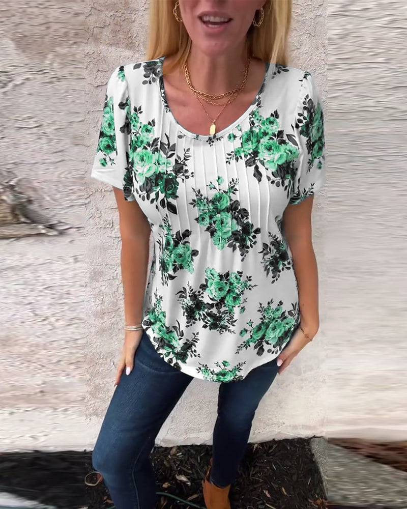 Women's short-sleeve blouse with box pleats, round neckline and floral all-over print StylebySassy