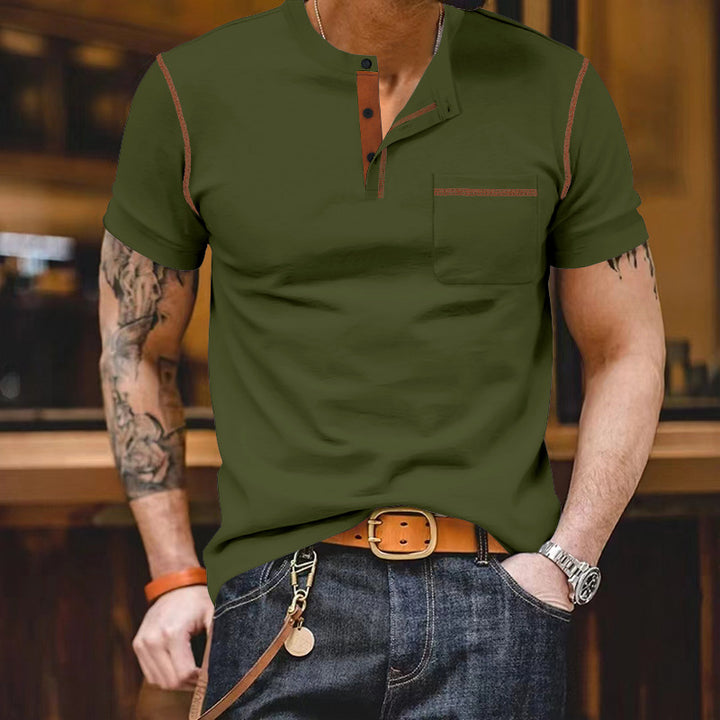 Men's short-sleeve shirt with stand-up collar, half-button placket, and chest pocket StylebySassy
