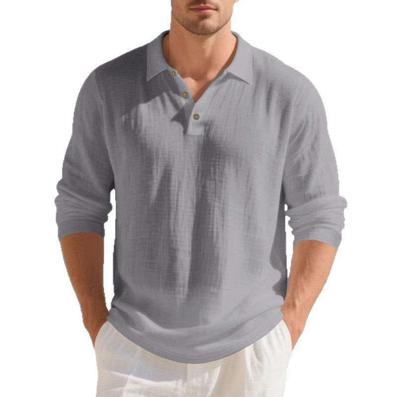 Men's Musselin Long Sleeve Polo Shirt with Collar, Short Button Placket and Natural Button Look StylebySassy