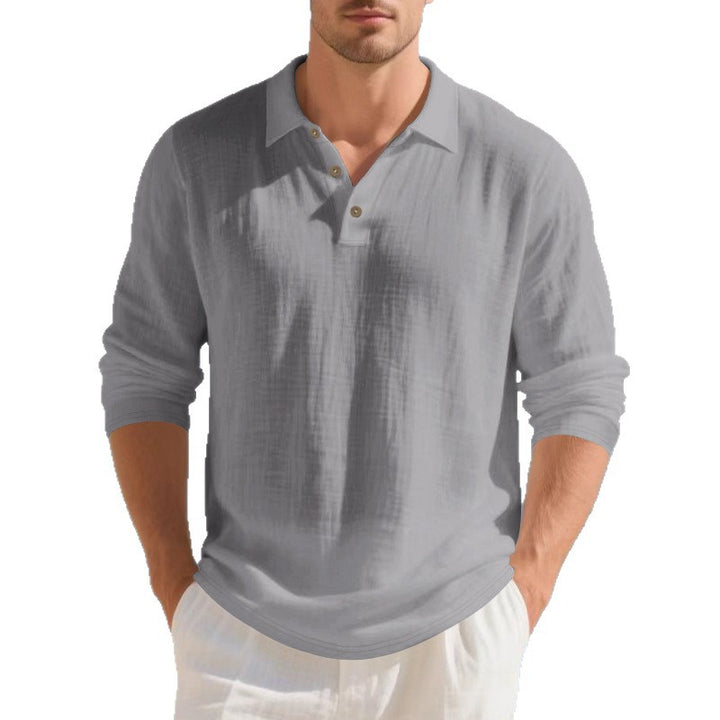Men's Musselin Long Sleeve Polo Shirt with Collar, Short Button Placket and Natural Button Look StylebySassy