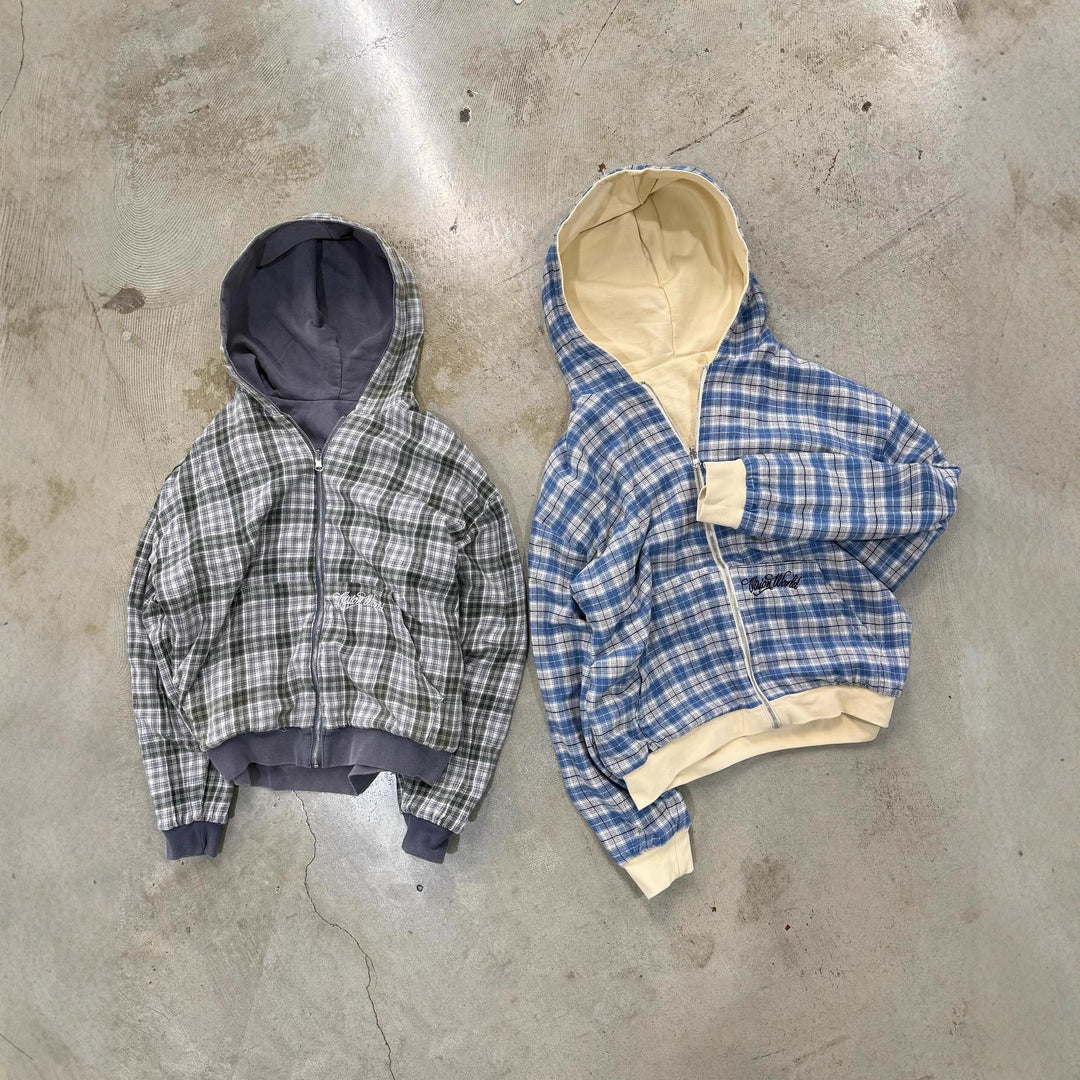Unisex nan reversible hoodie jacket with checked lining, full zip and kangaroo pocket StylebySassy