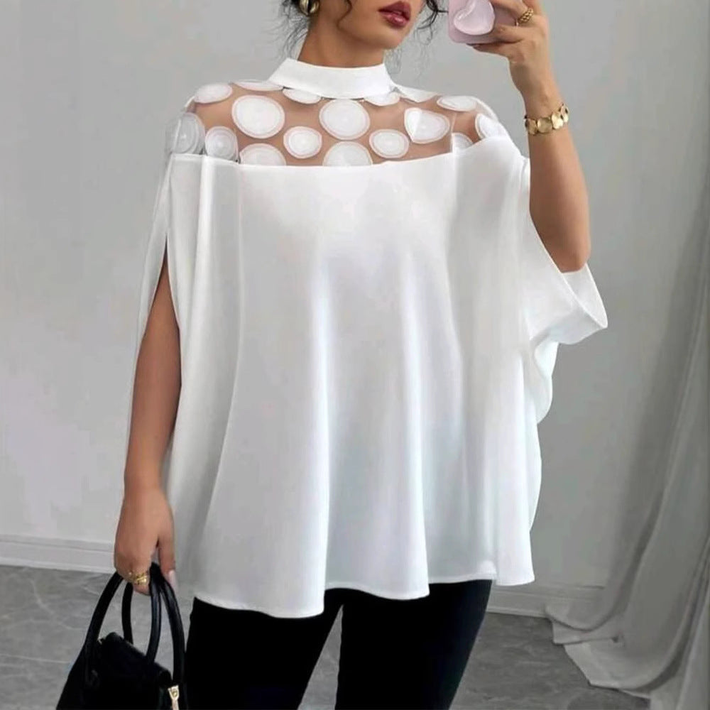 Women's elegant tunic blouse with stand-up collar, transparent round application panel and cape sleeves StylebySassy