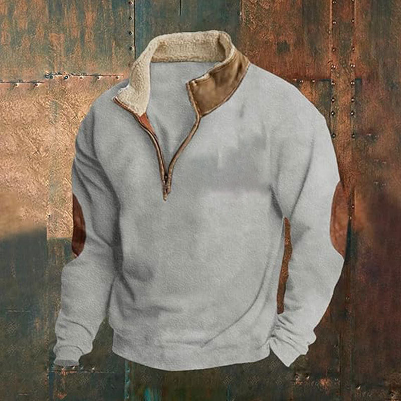 Men Nan Fleece Half-Zip Pullover with Sherpa Collar and Elbow Patches StylebySassy