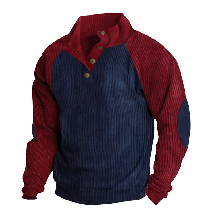 Men's thermal cord pullover with button placket, stand collar, raglan sleeves, and elbow patches StylebySassy