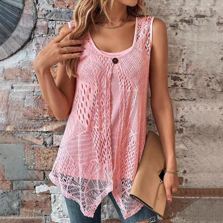 Women's crocheted A-line top with asymmetric scalloped hem and integrated jersey undershirt StylebySassy