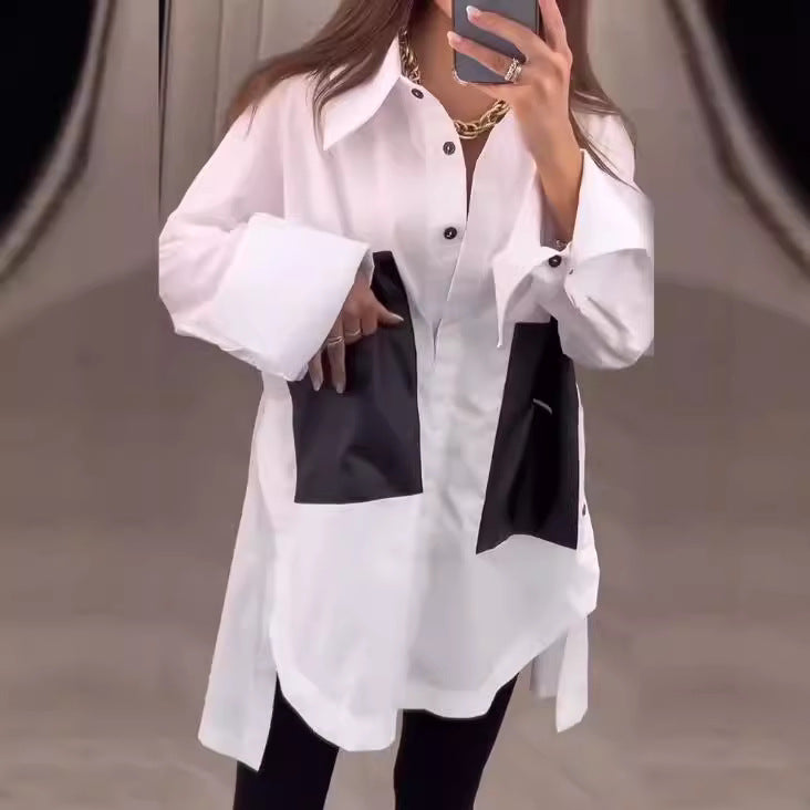 Women nan oversized shirt with contrast pockets, extra wide cuffs and side slits StylebySassy