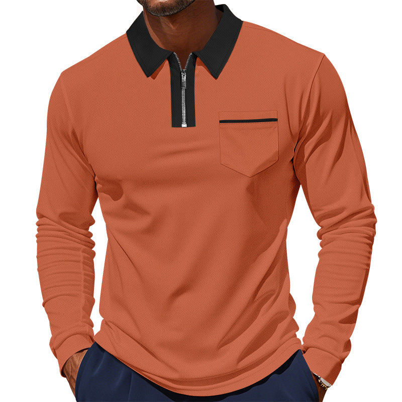 Men's long-sleeved polo with half zip, patch chest pocket, and fine structure jersey quality StylebySassy
