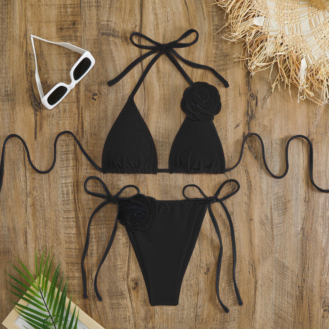 Women adjustable triangle bikini with decorative flower appliqués StylebySassy