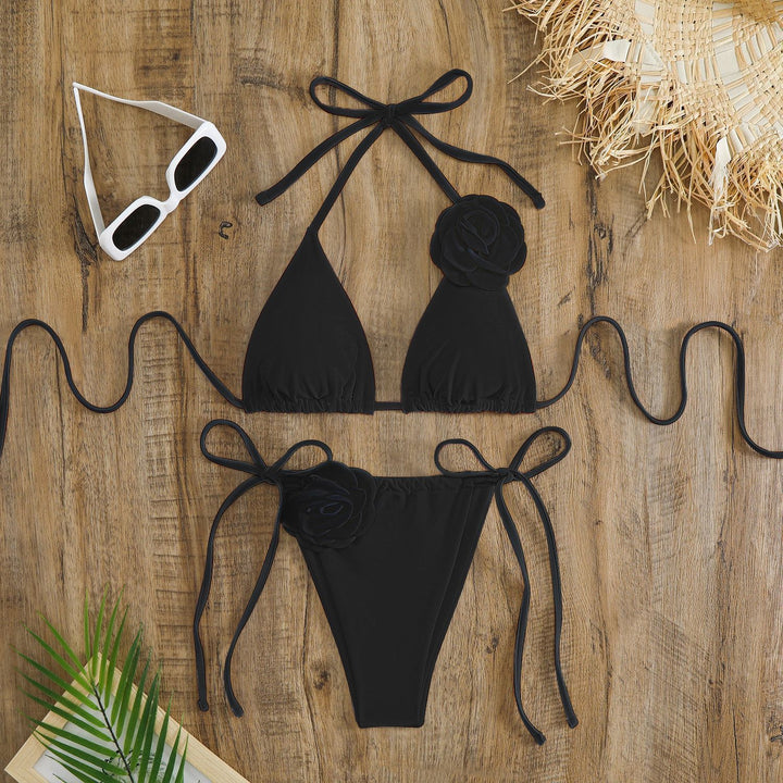 Women adjustable triangle bikini with decorative flower appliqués StylebySassy
