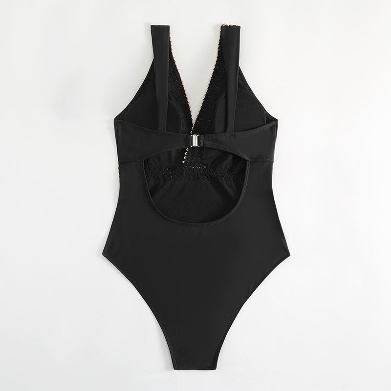 Women's One-Piece Swimsuit with Elegant V-Neck and Golden Details StylebySassy