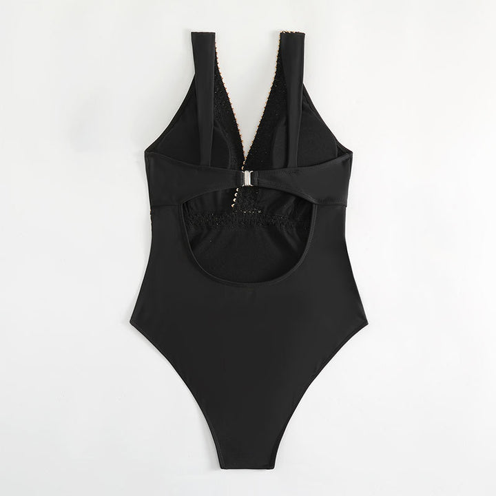 Women's One-Piece Swimsuit with Elegant V-Neck and Golden Details StylebySassy
