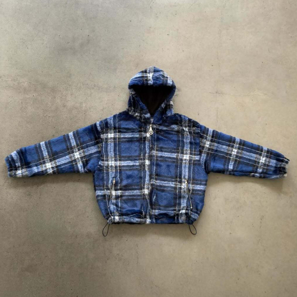 Unisex non-padded plaid fleece bomber jacket with hood drawstring and zippered pockets StylebySassy