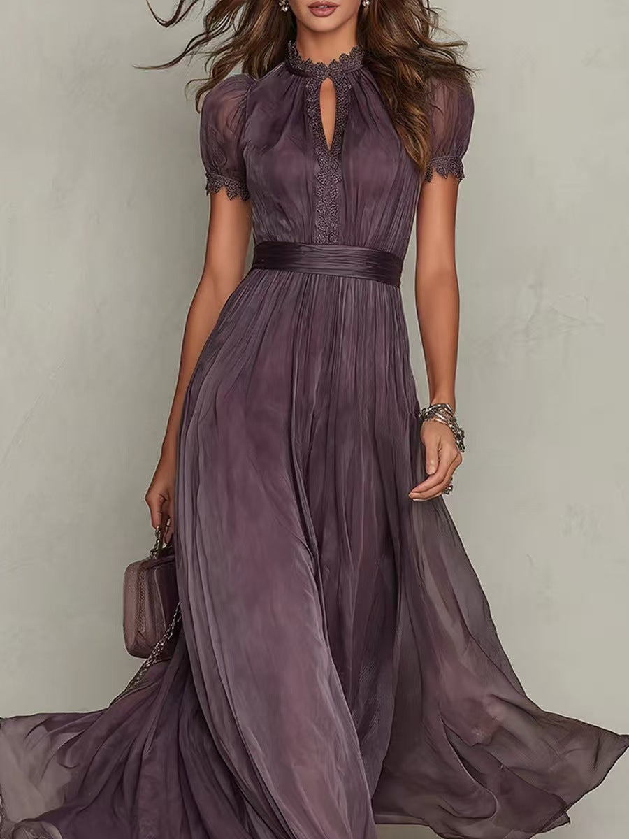 Women's Long Chiffon Evening Dress with Lace Stand Collar, Keyhole Opening and Tailored Sash StylebySassy