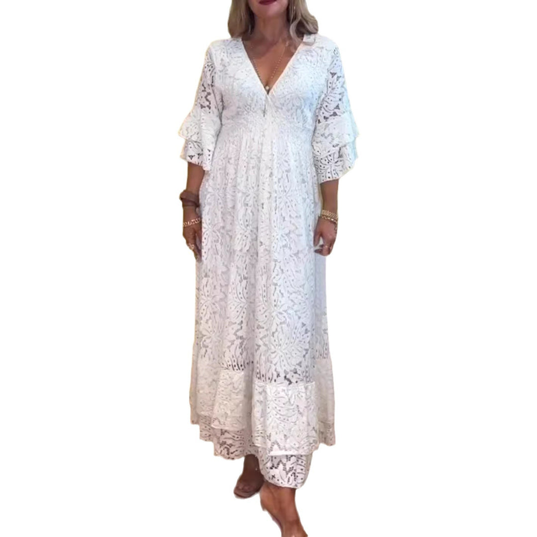 Women’s Boho Lace Maxi Dress with V-Neck, Underbust Seam, and Tiered Ruffle Sleeves StylebySassy