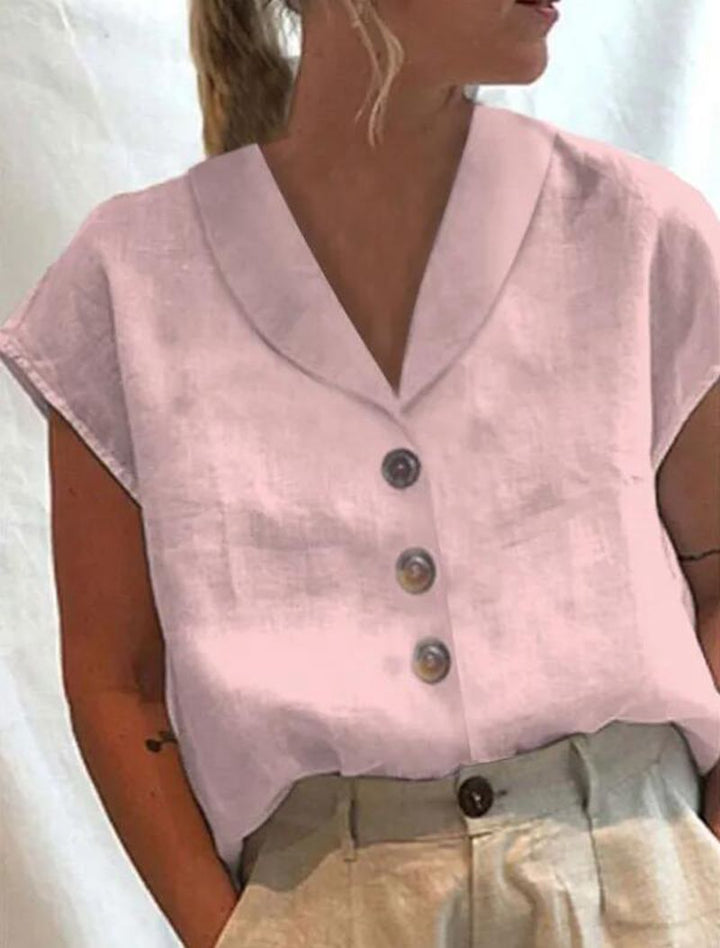 Women's casual linen blouse top with notched collar and wood button placket StylebySassy