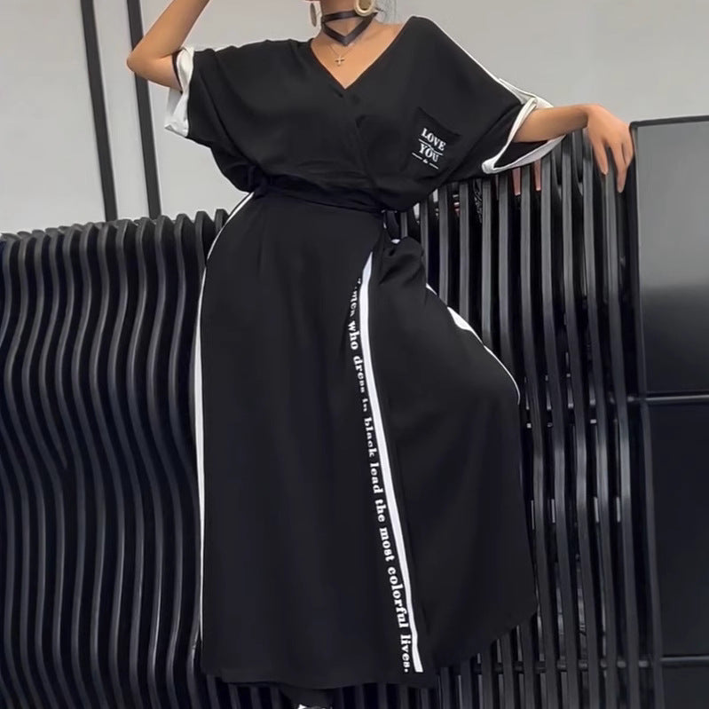 Women's sporty-elegant maxi dress with V-neck, waist belt, contrast side band, and chest pocket StylebySassy