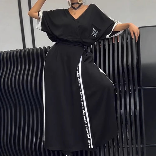 Women's sporty-elegant maxi dress with V-neck, waist belt, contrast side band, and chest pocket StylebySassy