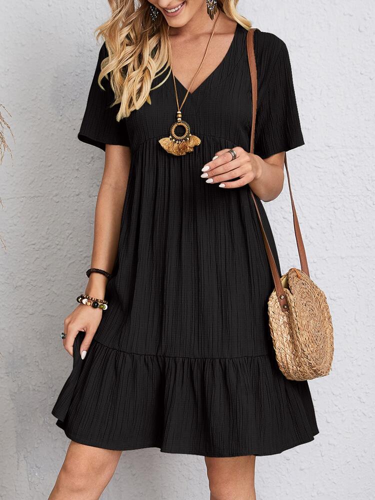 Ladies Nan Crepe Short Dress with V-Neck, Gathered Empire Seam and Ruffled Hem StylebySassy