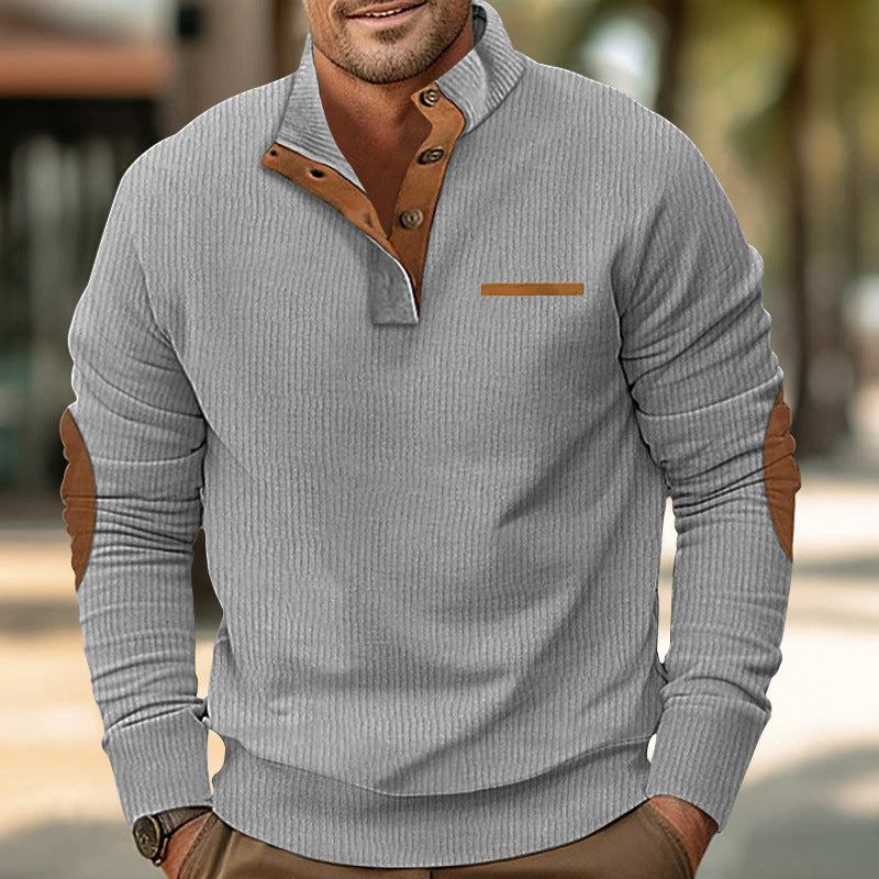 Men's ribbed long sleeve pullover with stand-up collar and faux leather elbow patches StylebySassy