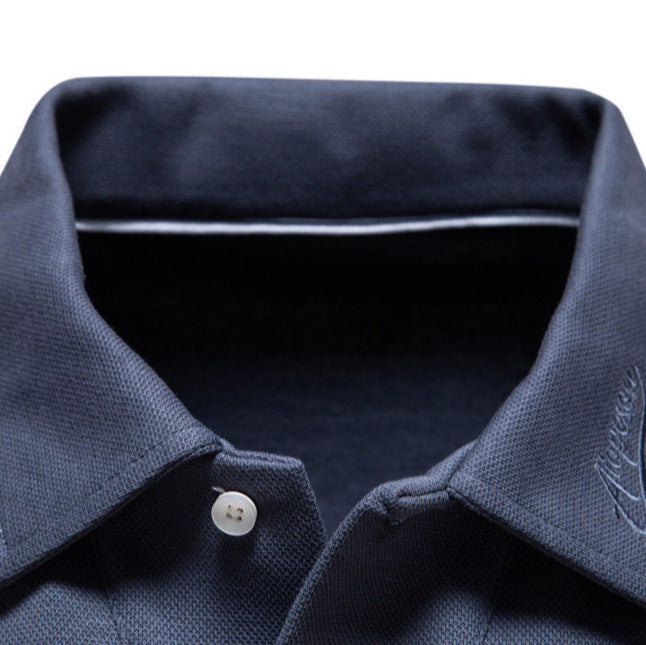 Men's long-sleeved polo shirt with open V-neck, slim fit and tone-on-tone collar embroidery StylebySassy