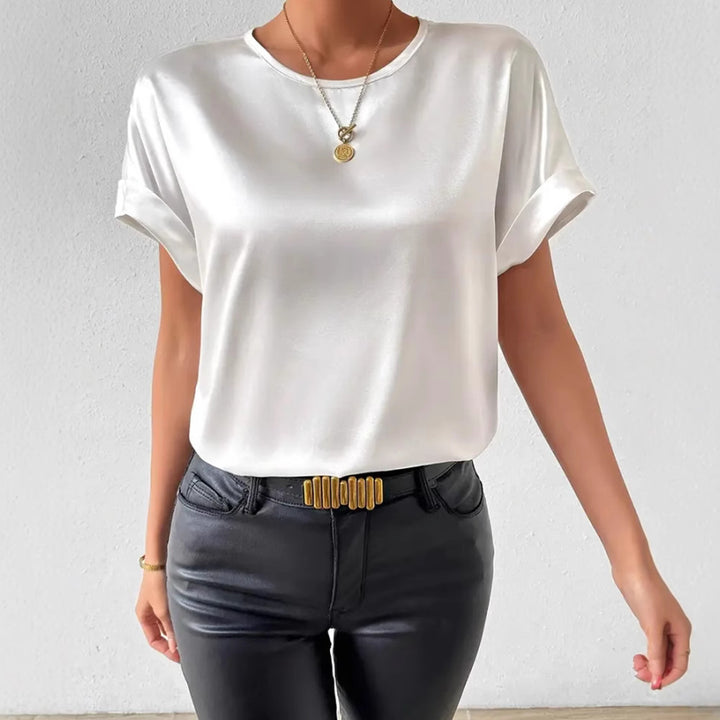 Women nan lightweight satin blouse shirt with round neck and cuff sleeves StylebySassy