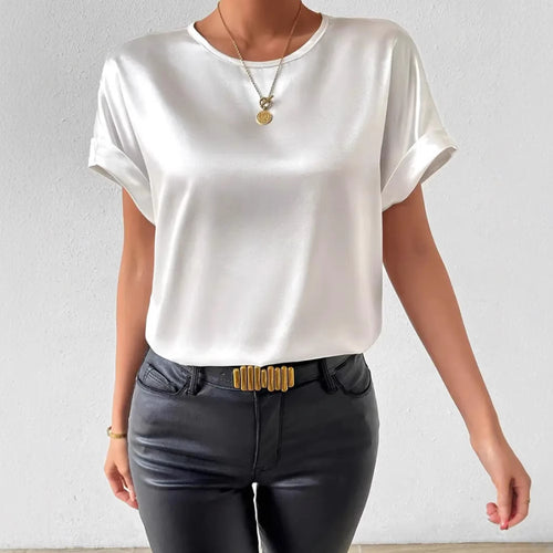 Women nan lightweight satin blouse shirt with round neck and cuff sleeves StylebySassy