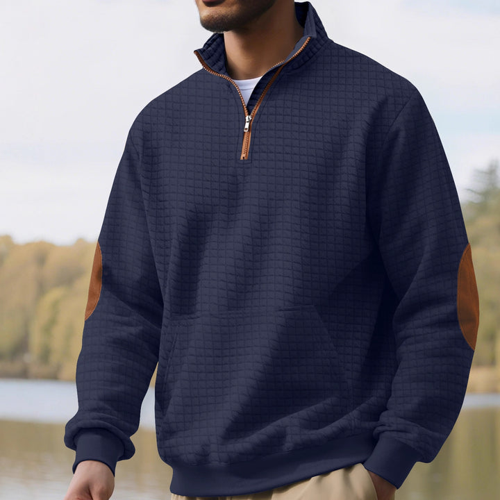 Men's waffle texture half-zip with stand-up collar, kangaroo pocket, and suede look elbow patches StylebySassy