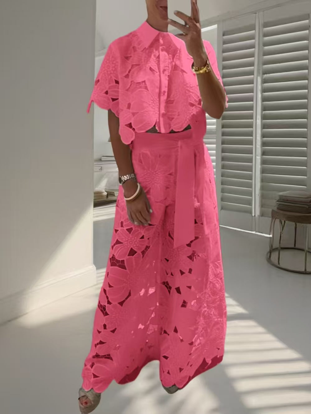 Ladies two-piece lace ensemble with crop top and wide palazzo pants StylebySassy