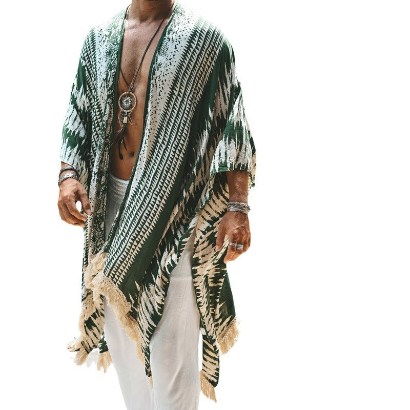 Men's lightweight beach poncho in kimono style with fringe StylebySassy