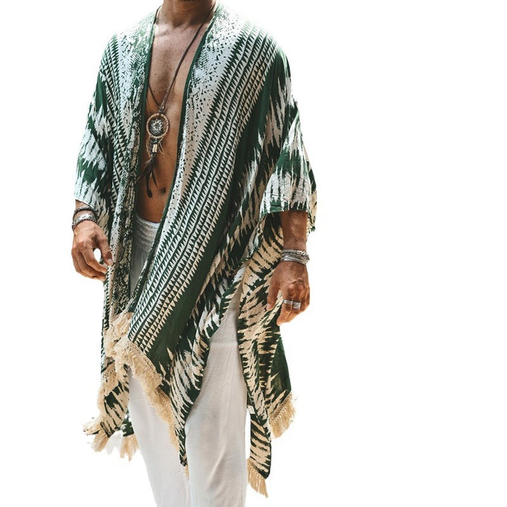 Men's lightweight beach poncho in kimono style with fringe StylebySassy