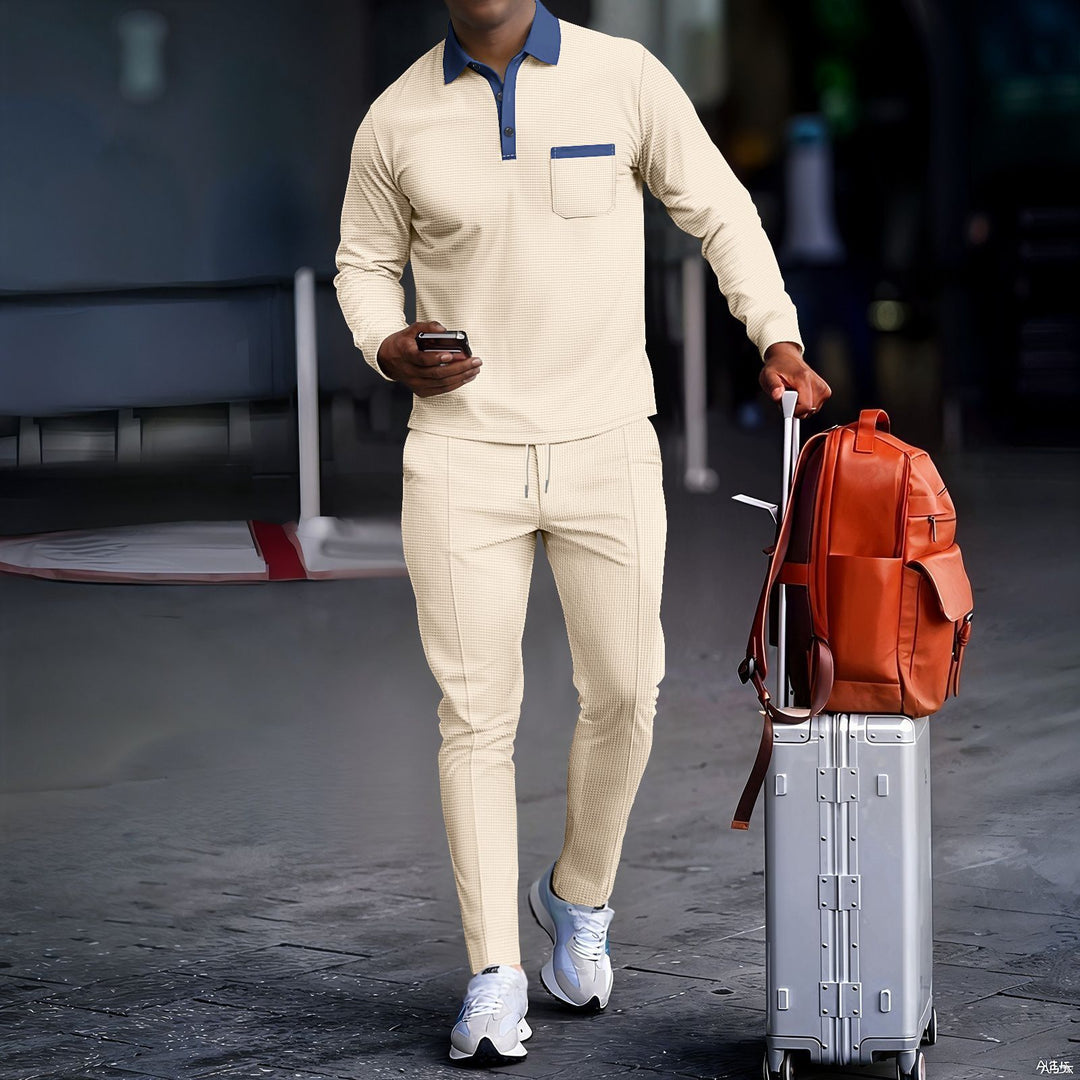 Men's travel set made of structured jersey with long sleeve polo shirt, chest pocket, and slim fit drawstring pants StylebySassy
