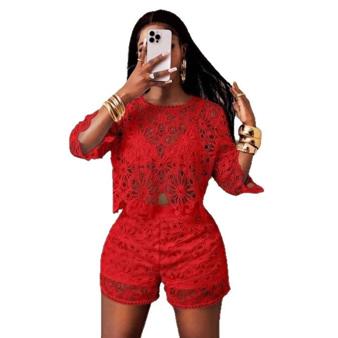 Women's airy crochet two-piece set with floral lace, short top and high-waisted tailored pants StylebySassy