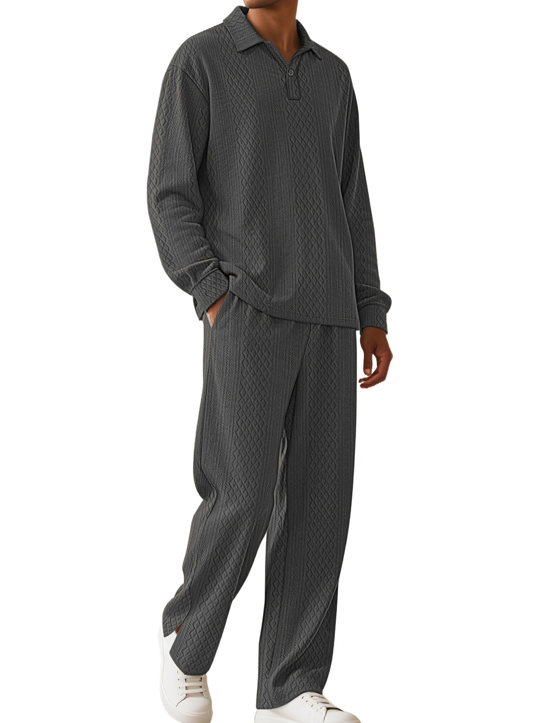 Men's jacquard knit set with polo collar, relaxed fit and straight pants StylebySassy