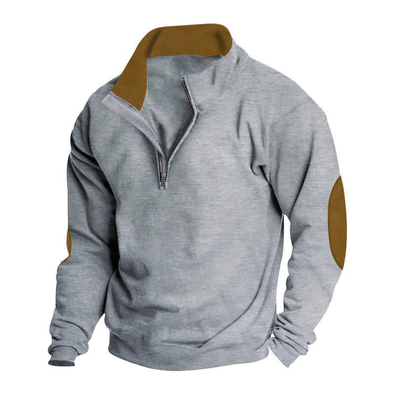 Men's casual cardigan with short front zipper, soft inner lining, and suede sleeve trim StylebySassy